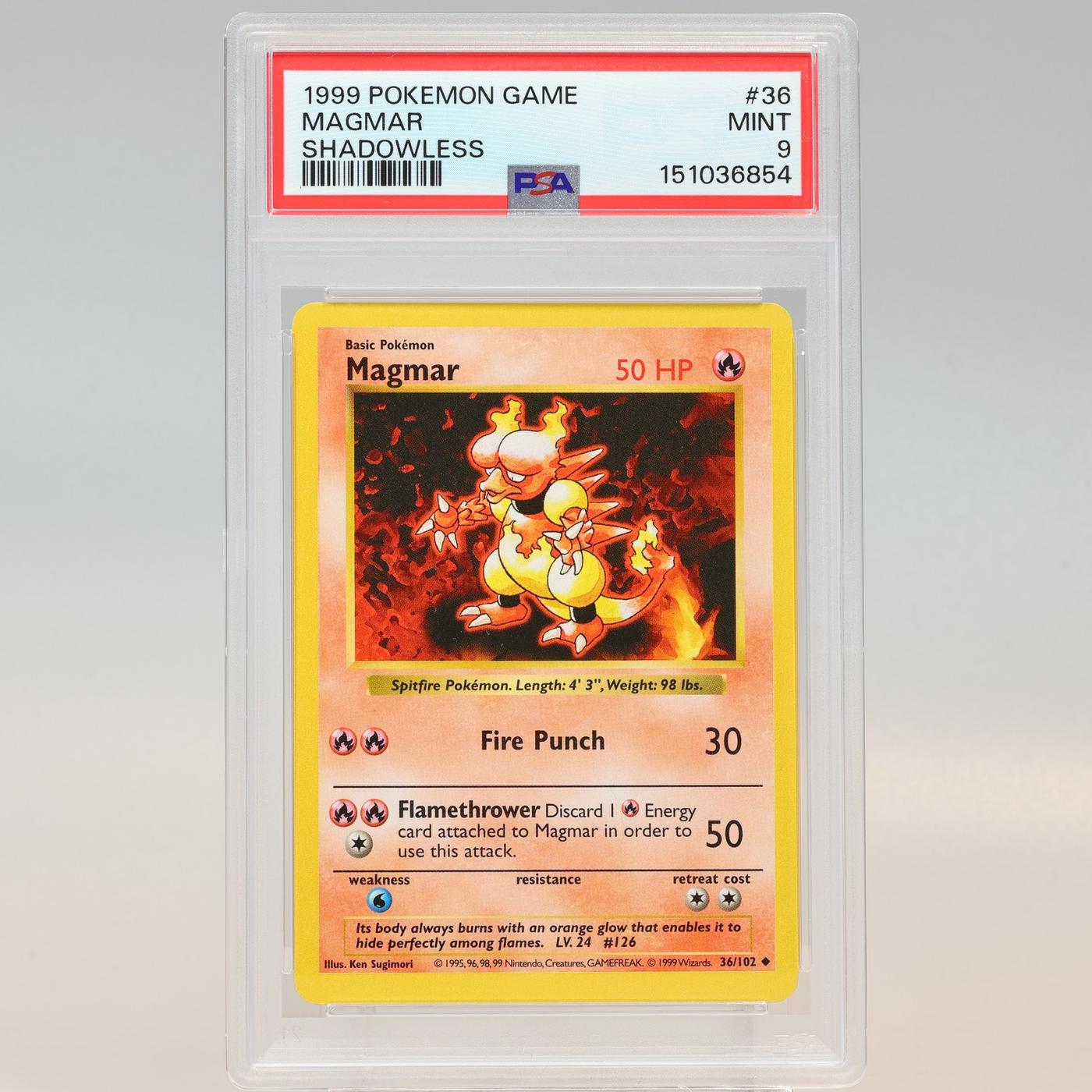 Pokemon TCG Magmar 36102 Base Set Uncommon Shadowless PSA 9 MINT 168441076137 2