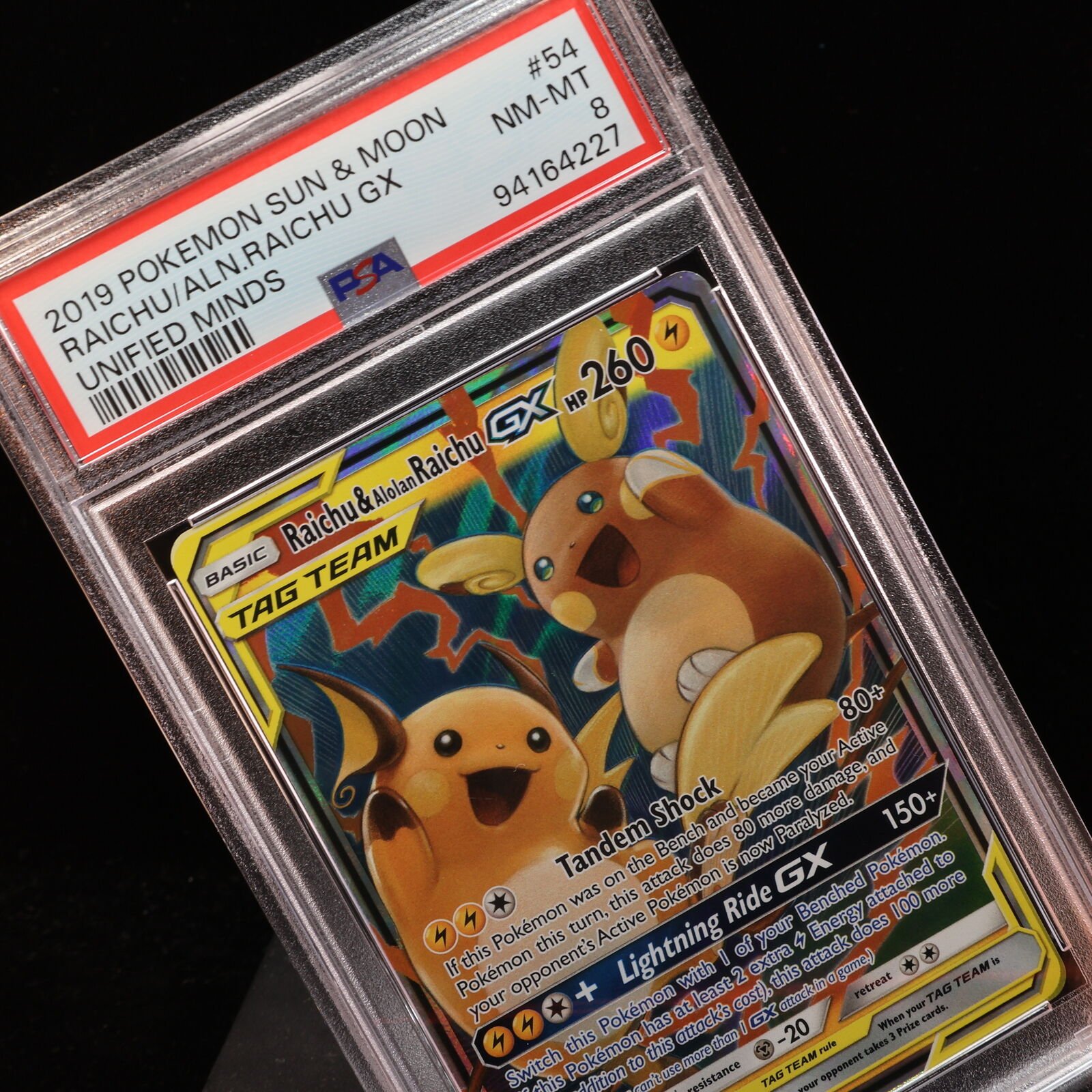 Pokemon TCG – Raichu & Alolan Raichu GX 54/236 Unified Minds GX  – PSA 8 NM/MT